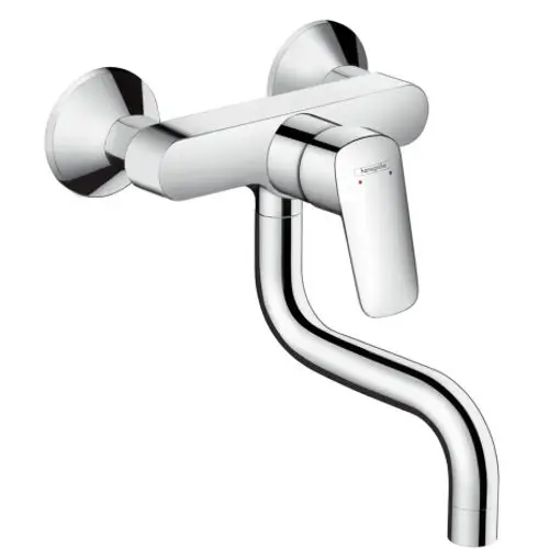 Wandmontierter Spültischmischer aus glänzendem Metall von Hansgrohe mit einem einstellbaren Hebel zur Steuerung von Wasserfluss und Temperatur.